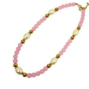 Pink glass and white pearl bead necklace mixed with gold beads 20"